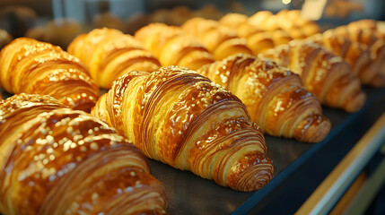 Freshly Baked Croissants with a Golden Brown Crust on Display