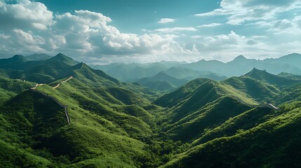 Naklejka premium Great Wall of China in Mountains with Blue Sky and Clouds