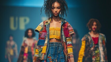 Fototapeta premium runway show featuring fashion models in upcycled garments crafted from vintage fabrics, discarded denim, and other repurposed materials