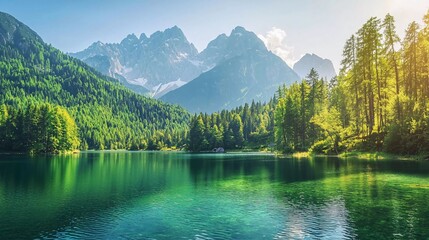 Naklejka premium Colorful summer view of Fusine lake. Bright morning scene of Julian Alps with Mangart peak on background, beautiful Province of Udine, Italy