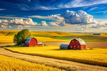 Expansive North Dakota Farming Landscape with Golden Fields and Blue Sky on a Sunny Day