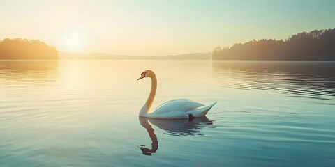 Naklejka premium Swan gliding on calm lake
