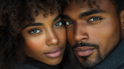 beautiful portrait of a young african american couple in love, with a black man and afro woman, closeup view showing the intimate details of their faces and emotions in a loving relationship