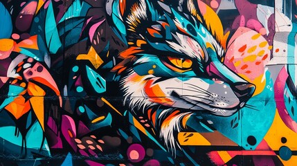 Obraz premium Graffiti wall with bold animal illustrations, vibrant colors and strong lines