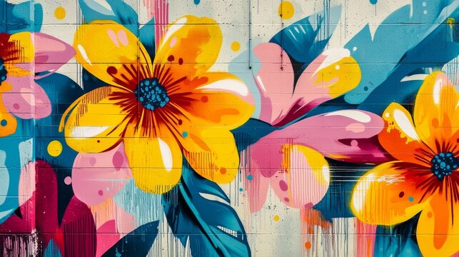 Graffiti wall with bright floral designs, large flowers painted with bold colors