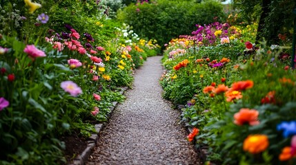 Naklejka premium Serene garden pathway flanked by lush greenery and flowers picture