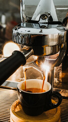 Espresso pouring from coffee machine at cafe,Brewing the espresso coffee from the machine warm tone.