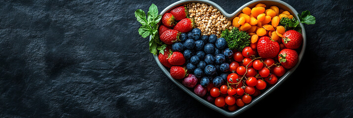 Heart-shaped bowl filled with colorful fruits and vegetables.