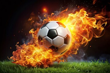 Naklejka premium Fiery Soccer Ball Igniting the Field with Intense Flames and Dynamic Motion in a Dramatic Scene