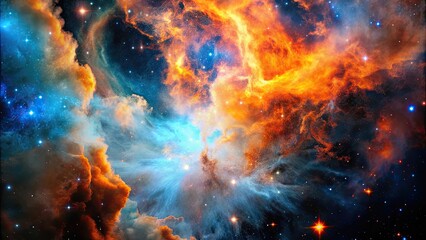 Naklejka premium Vibrant orange and blue nebula cloud formation in deep space