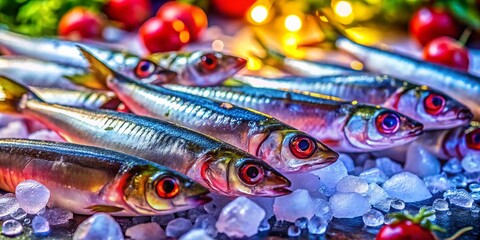 Fresh Anchovies on Ice Ready for Cooking or Serving in a Seafood Restaurant or Home Kitchen Setting
