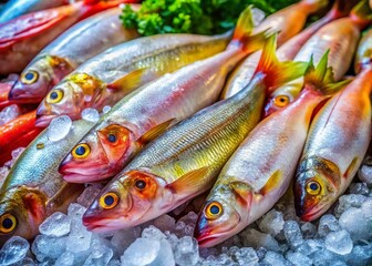 Fototapeta premium Fresh Bombay Duck Fish on Ice Displayed at a Local Market for Sale and Culinary Preparation Ideas