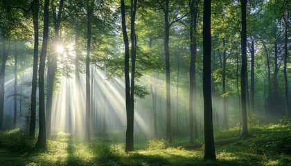 Obraz premium Tall, misty trees with sunlight streaming through the branches, creating a magical and mysterious forest atmosphere