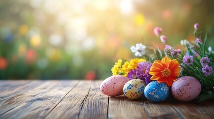 cheerful easter or spring arrangement with colorful flowers and eggs on a wooden table, against a blurred nature background with copy space for bright and festive decor
