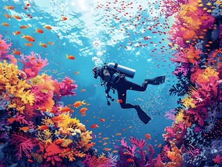 A diver explores a vibrant coral reef teeming with colorful fish and marine life.