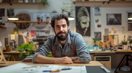 Designer sitting in a creative environment, dressed in uniform and surrounded by tools of the trade, symbolizing focus and creativity