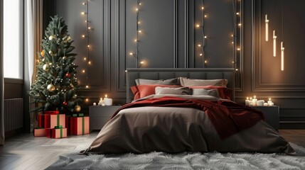 bedroom decor Christmas new year tree bed presents the background of the Interior
