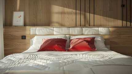 bedroom interior design modern style with white mattress and red pillow and wooden headboard