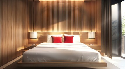 bedroom interior design modern style with white mattress and red pillow and wooden headboard
