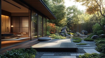 traditional Japanese architecture exemplified in a wooden house with tatami mat flooring and sliding shoji doors, surrounded by a beautifully landscaped garden for tranquility
