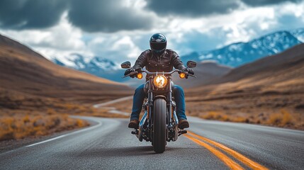 Fototapeta premium front view of a biker on a vintage motorcycle enjoying the freedom of the open road, set against a picturesque natural landscape that inspires adventure and exploration