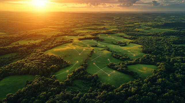 Aerial view of rolling green hills and forests at sunset.