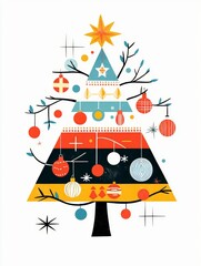 Obraz premium Retro Neon Christmas Tree: A 2D illustration of a Christmas tree with retro neon lights and ornaments, featuring bold