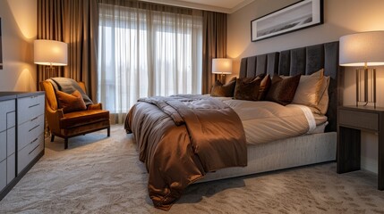Bedroom interior with carpet floor, armchair and brown bedding. Northwest, USA