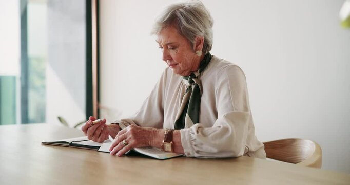 Elderly woman, reading and book for bible study, faith and learning knowledge of Christian scripture. Senior person, religion and notes for holy spirit, worship and teaching of gospel of Jesus Christ