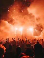 A vibrant concert scene with a crowd enjoying the performance amidst smoke and lights.