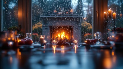 Naklejka premium Cozy Rain-Kissed Dinner