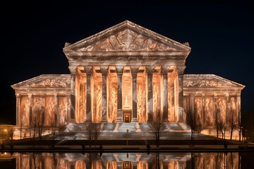 Fototapeta premium A grand building illuminated with artistic projections at night, reflecting cultural heritage.