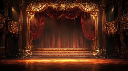 A baroque-inspired stage with dark mahogany floors and ambient golden lighting, The heavy burgundy curtains are richly decorated with gold patterns