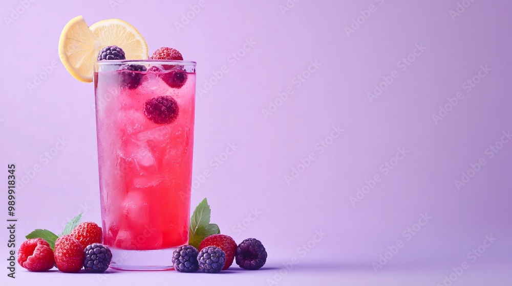 Poster Glass of pink lemonade with lemon wedge and berries on a purple background.