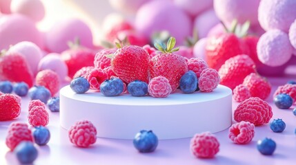 Beautiful 3D rendering of a white circular podium with various red and purple berries beautifully arranged. Perfect for product display, helping in multiple media designs.