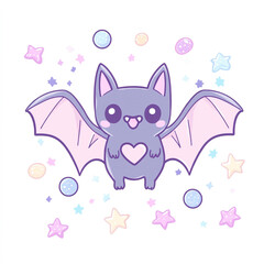Kawaii purple bat with heart-shaped wings and tiny fangs, surrounded by pastel stars
