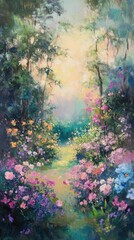 Obraz premium Sunlit garden scene with soft pastel hues, brushstrokes capturing gentle movement in flowers and trees, nostalgic summer vibes
