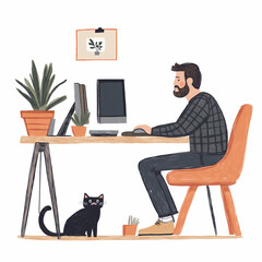 A Creative Workspace: A Man Working at His Desk with a Cat by His Side Amidst Lush Greenery and a Calming Atmosphere That Promotes Productivity and Comfort in a Modern Home Office Setting.