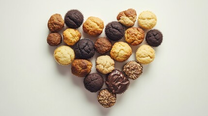Obraz premium Sweet muffin cake are arranged in a heart-shaped arrangement flat lay view