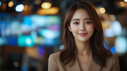 skilled Asian female television news anchor presenting news in a dynamic studio environment, emphasizing her professionalism and connection with viewers through engaging storytelling