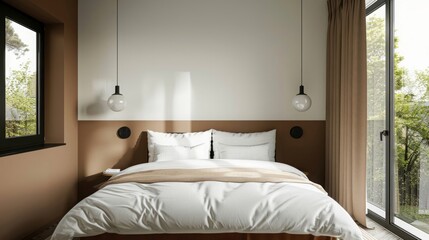 bedroom with a double bed, wall painted in two tones and window to see the outside