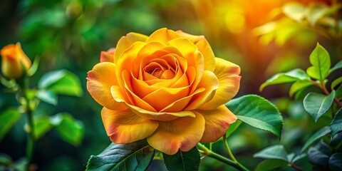 Golden Vuvuzela Rose with Vibrant Petals and Lush Green Leaves in a Soft Natural Light Setting