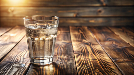 Crystal-clear water, refreshing beverage, clean and healthy, isolated on a rustic wooden table
