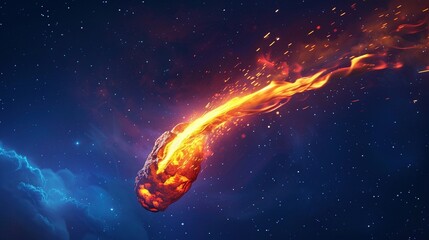 Asteroid Falling with Fire Trail: Realistic 3D Vector Illustration for Starfall Design in Outer Space