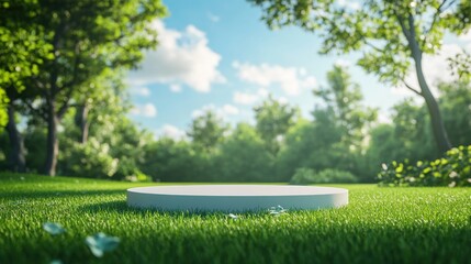 Fototapeta premium Beautiful 3D rendering of a white podium on a green lawn with bushes, trees and beautiful sky as a backdrop. Perfect for product display, helping in various media design.
