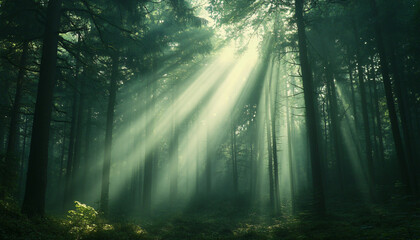Fototapeta premium Tall, misty trees with sunlight streaming through the branches, creating a magical and mysterious forest atmosphere