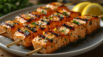 A plate of grilled salmon skewers with a citrus glaze, served with lemon wedges