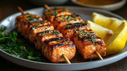 A plate of grilled salmon skewers with a citrus glaze, served with lemon wedges