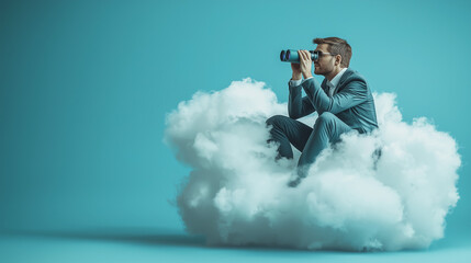 Cloud-Based Vision: Businessman on a Cloud Surveys the Horizon with Binoculars 