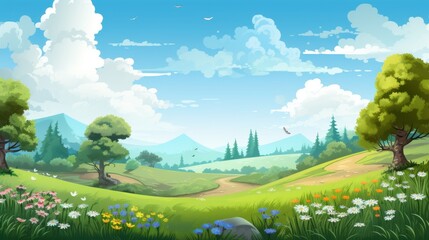 A winding dirt road leads through a verdant valley with a blue mountain range in the background.